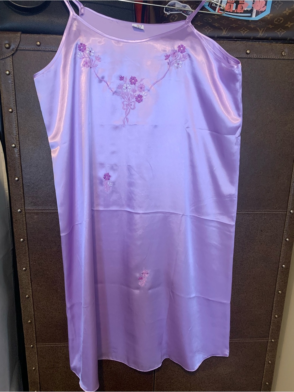 Lavender Satin Slip Dress with Floral Embroidery